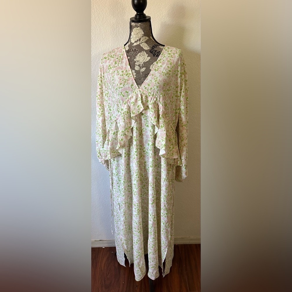 TopShop Ivory Print Double V Ruffled Cream Green &Pink Floral Maxi Dress -8 NWT - Picture 4 of 6